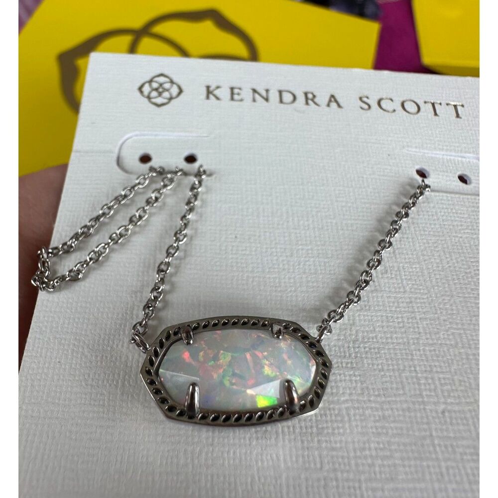 NWT Kendra Scott Elisa White Kyocera Lab Grown Opal Silver Pendant Necklace - Picture 12 of 15